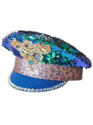 Deluxe Iridescent Blue Shimmer Festival Hat with Jewels