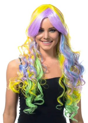 Deluxe Pastel Rainbow Long Curly Womens Costume Wig