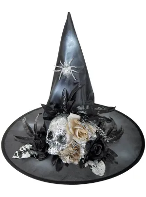 Deluxe Silver and Black Witch Hat with Skull and Flowers