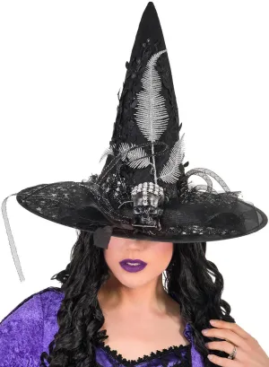 Deluxe Star Print Black Witch Hat with Jewelled Skull