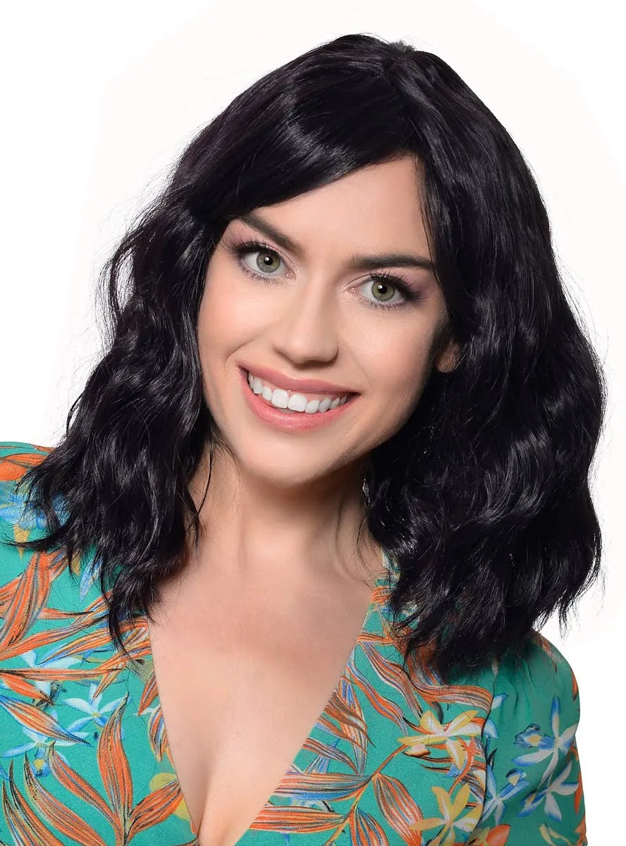 Deluxe Wavy Mid-Length Black Fashion Wig with Skin Top