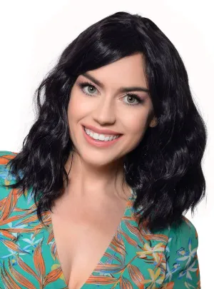 Deluxe Wavy Mid-Length Black Fashion Wig with Skin Top
