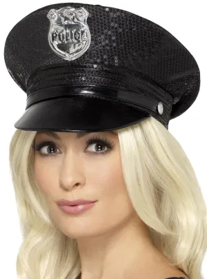 Deluxe Womens Sequinned Black Police Costume Hat