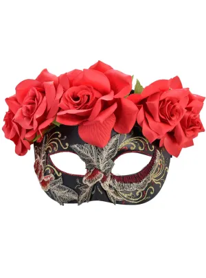 Dia Red and Black Womens Masquerade Mask with Red Roses