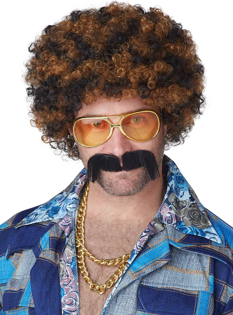 Disco Dirtbag Mens Black and Ginger Afro Wig and Moustache Set