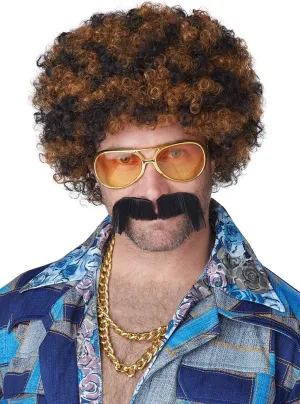 Disco Dirtbag Mens Black and Ginger Afro Wig and Moustache Set