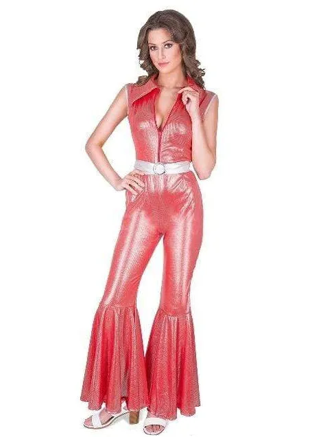 Disco Diva 1970s Womens Metallic Red Costume Jumpsuit