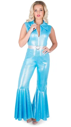 Disco Diva Womens Blue 70s Costume Jumpsuit