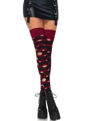 Distressed Black and Red Opaque Striped Womens Thigh Highs