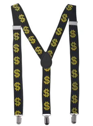Dollar Sign Black and Gold Costume Suspenders