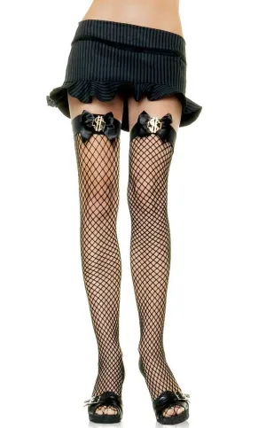 Dollar Sign Black Industrial Net Thigh High Stockings