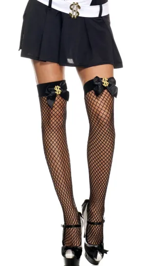 Dollar Sign Black Thigh High Fishnet Stockings