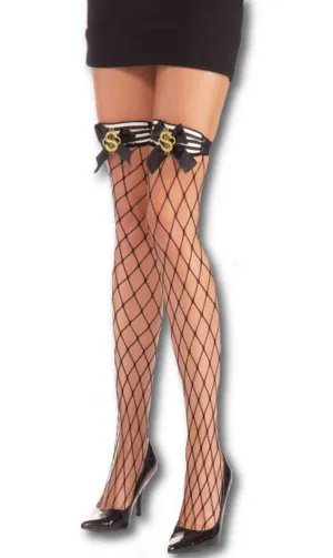 Dollar Sign Womens Thigh High Industrial Net Stockings