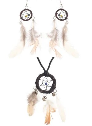 Dream Catcher Brown Feather Necklace and Earrings Set