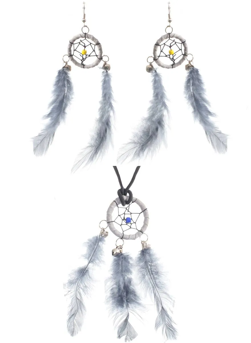 Dream Catcher Grey Feather Necklace and Earrings Set