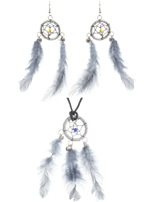 Dream Catcher Grey Feather Necklace and Earrings Set