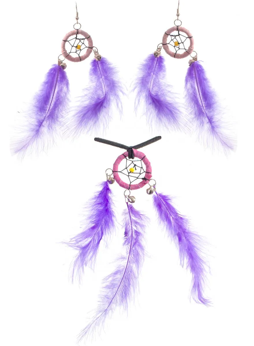 Dream Catcher Purple Feather Necklace and Earrings Set