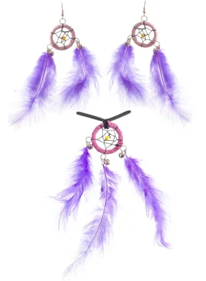 Dream Catcher Purple Feather Necklace and Earrings Set
