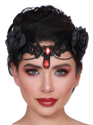 Drop Dead Black Lace Headpiece with Rhinestones and Roses