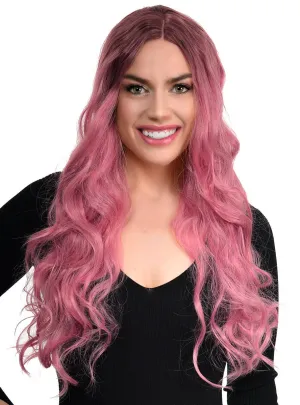 Dusty Pink Rooted Long Curly Lace Part Synthetic Fashion Wig