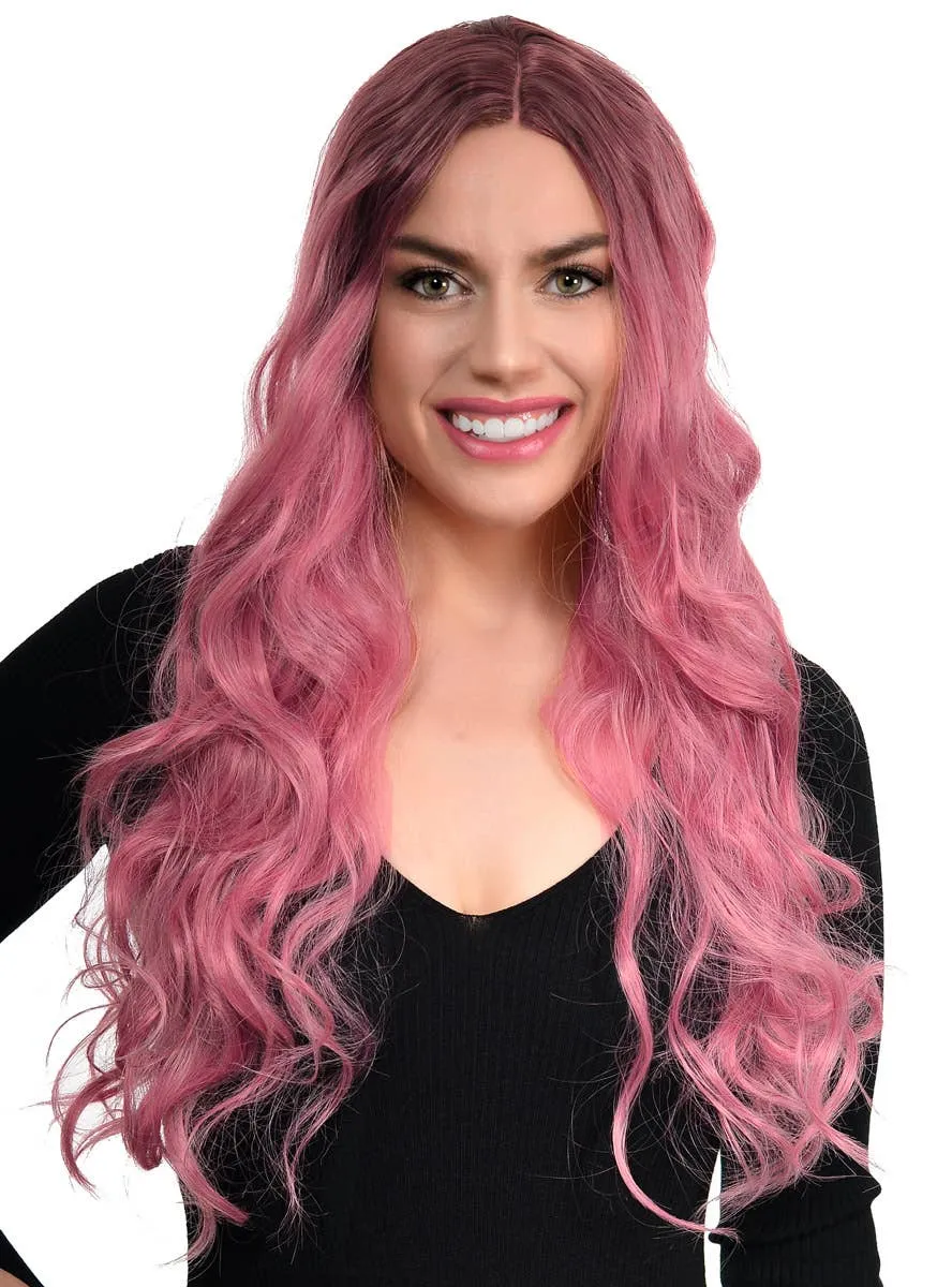 Dusty Pink Rooted Long Curly Lace Part Synthetic Fashion Wig
