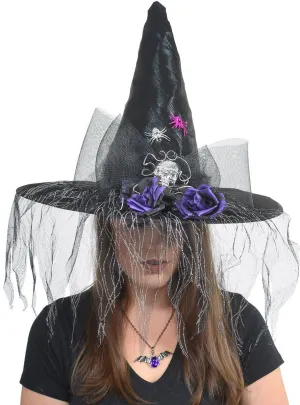 Elaborate Deluxe Black Witch Hat with Veil and Roses