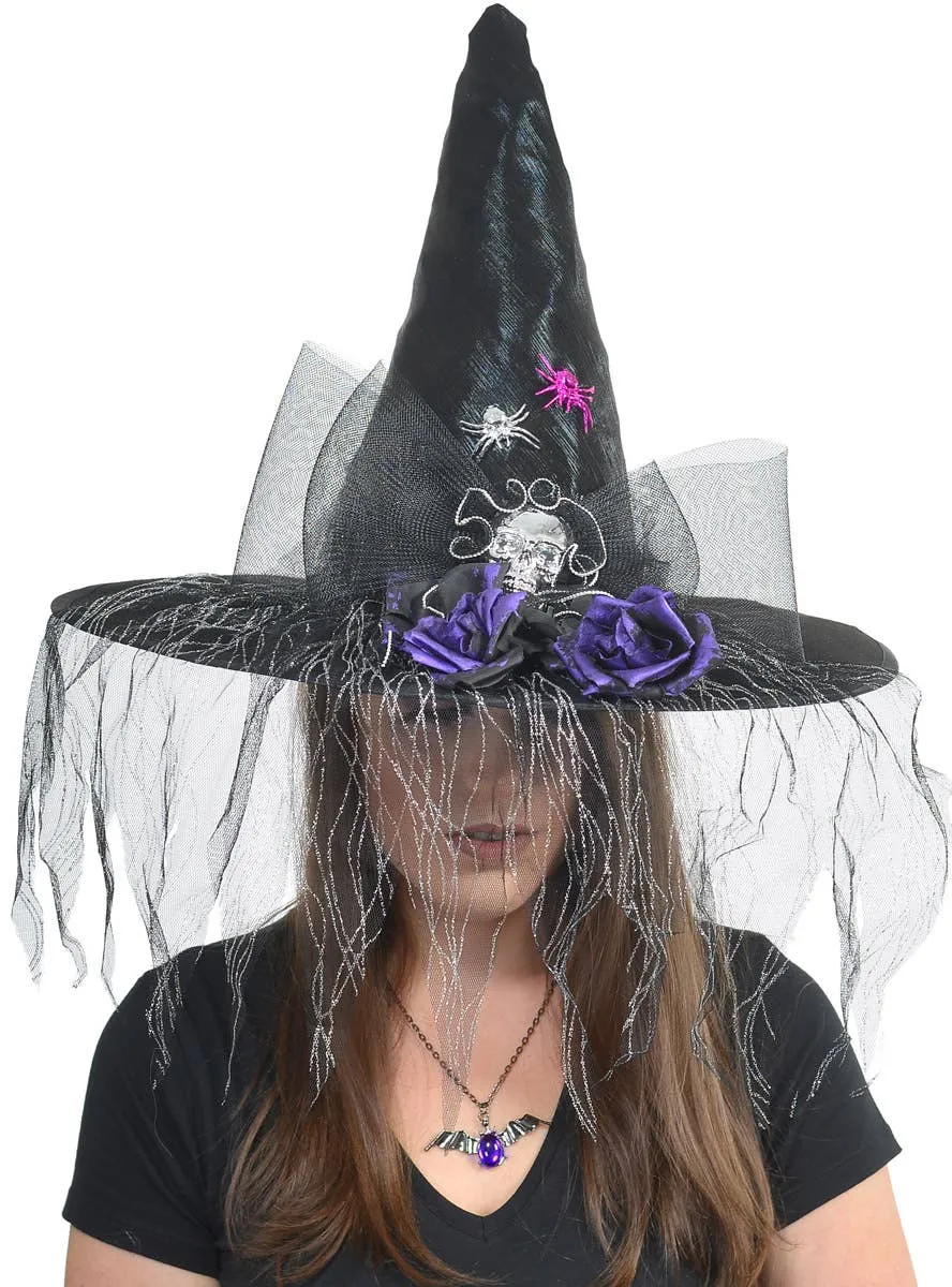 Elaborate Deluxe Black Witch Hat with Veil and Roses