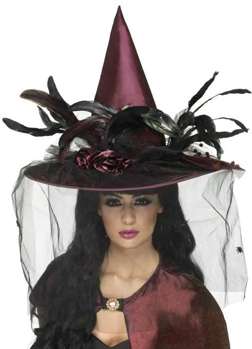 Elaborate Purple Plum Satin Halloween Witch Hat