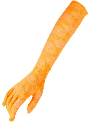Elbow Length Neon Orange Lace 80s Costume Gloves