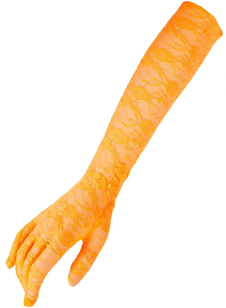 Elbow Length Neon Orange Lace 80s Costume Gloves