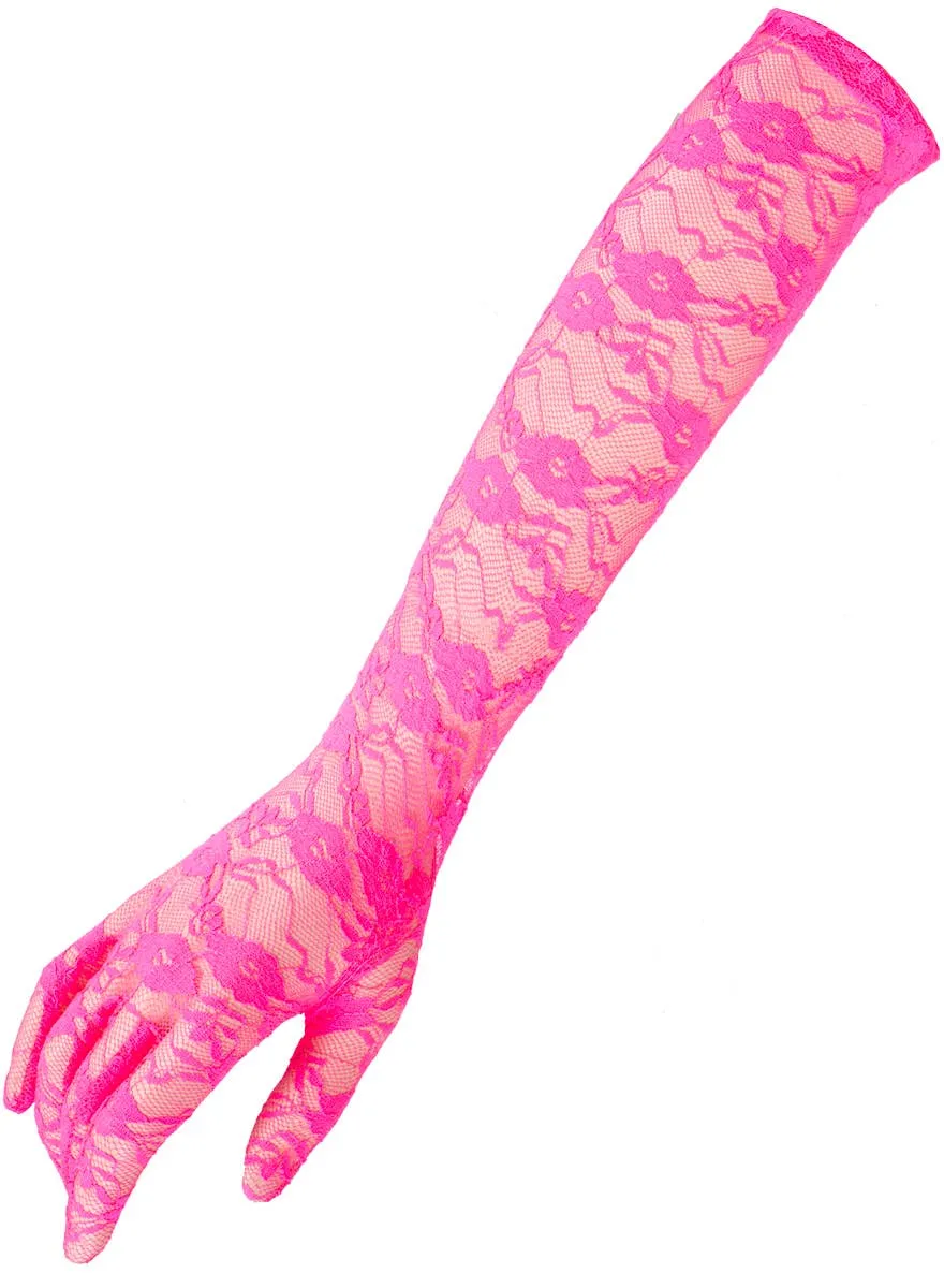 Elbow Length Neon Pink Lace 80s Costume Gloves