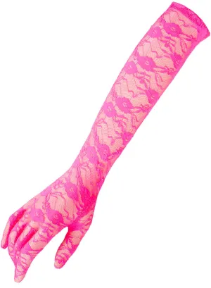 Elbow Length Neon Pink Lace 80s Costume Gloves