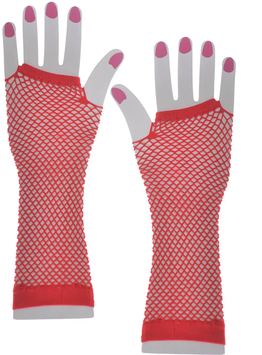 Elbow Length Red Fishnet Fingerless Gloves