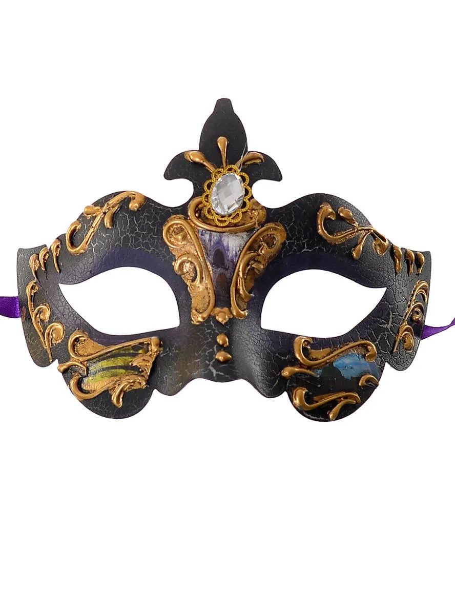 Elegant Charcoal and Gold Crackle Baroque Masquerade Mask