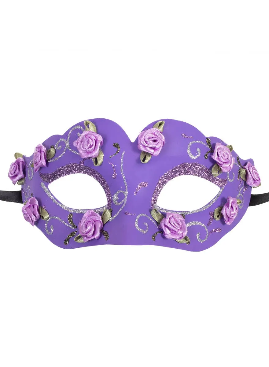 Elegant Glittery Purple Masquerade Mask with Flowers