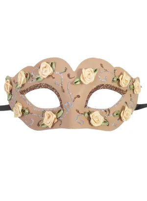 Elegant Glittery Tan Masquerade Mask with Flowers