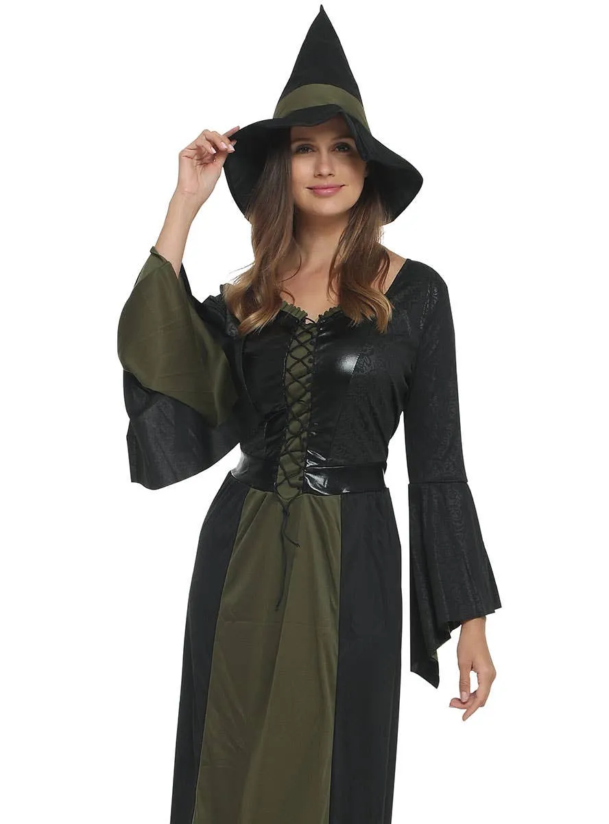 Elegant Green and Black Witch Womens Halloween Costume