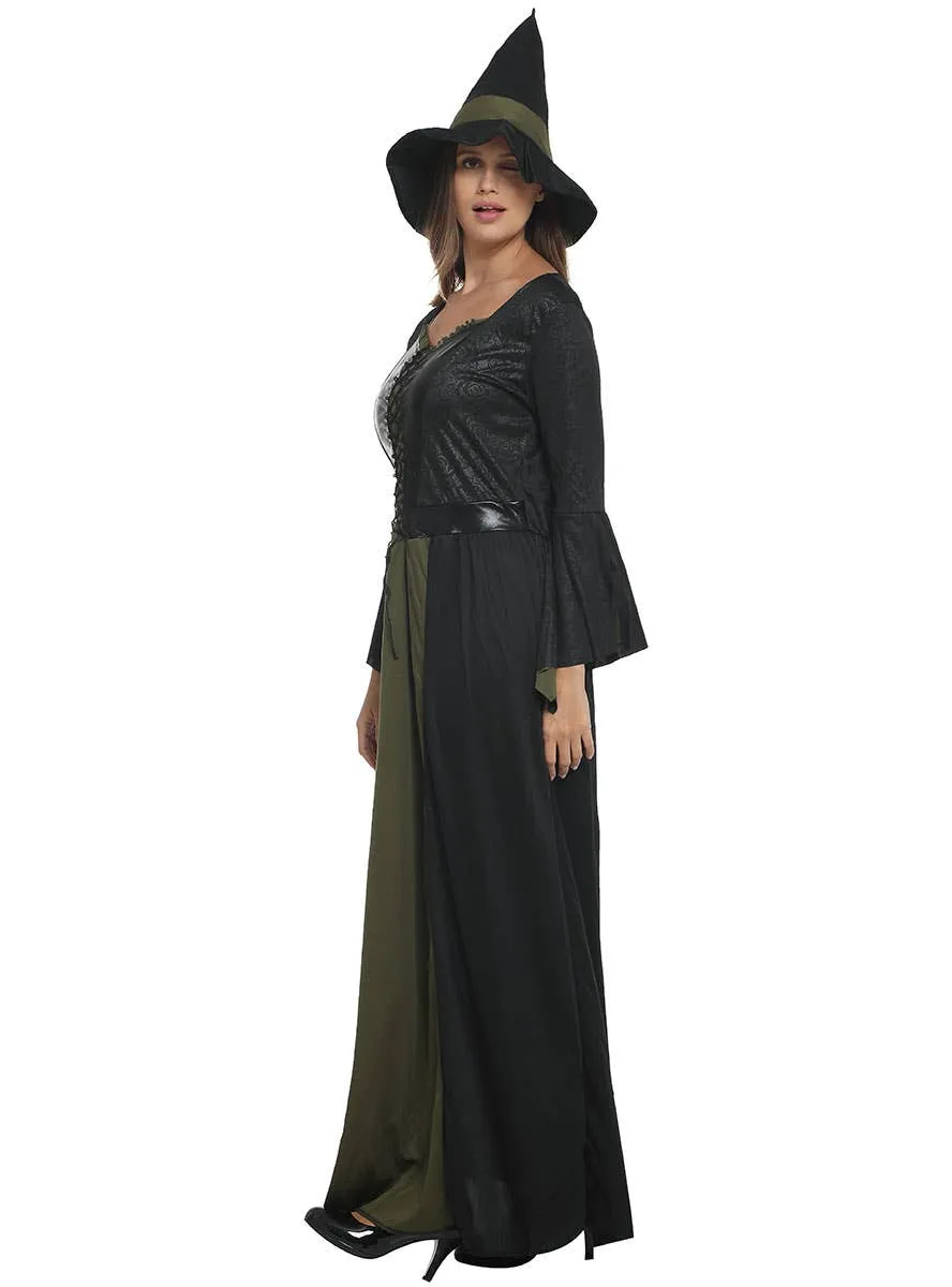 Elegant Green and Black Witch Womens Halloween Costume