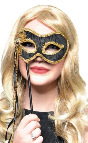 Elegant Hand Held Black Velvet and Gold Braid Masquerade Mask