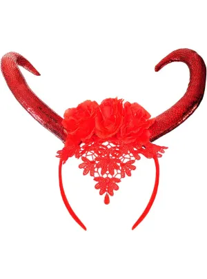 Elegant Red Devil Horns Headband with Lace and Flowers