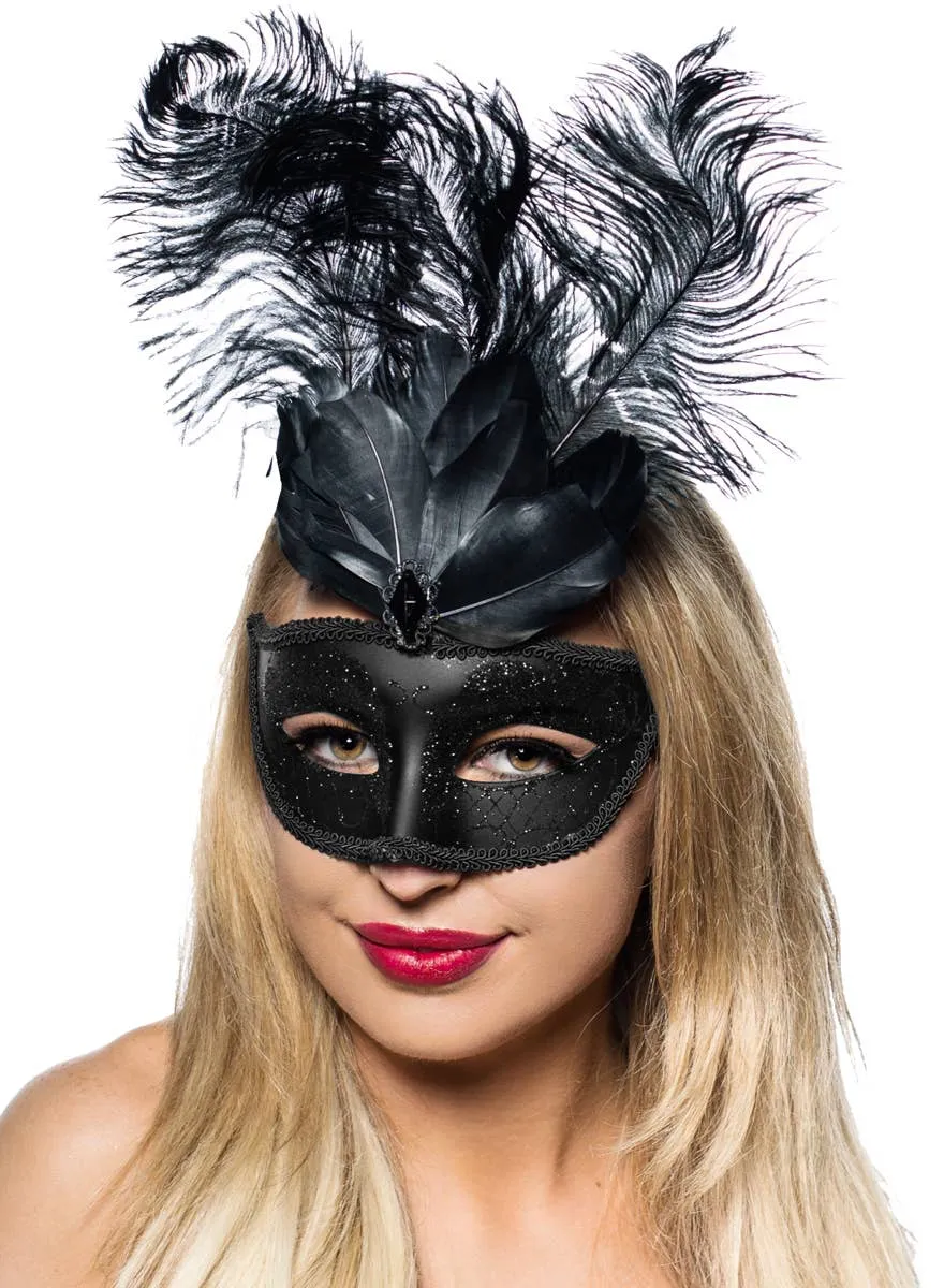 Elegant Tall Feather Black Masquerade Mask