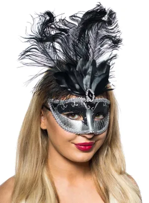 Elegant Tall Feather Masquerade Mask Black and Silver