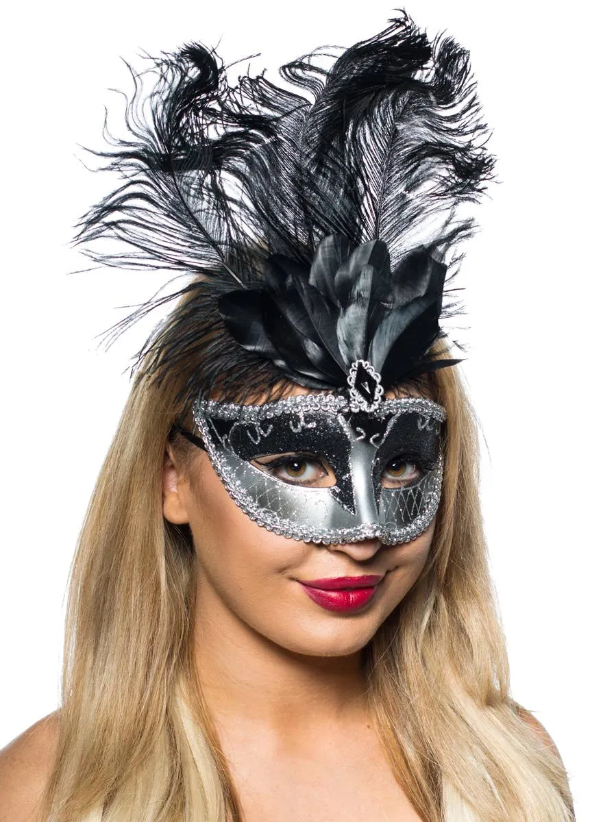 Elegant Tall Feather Masquerade Mask Black and Silver