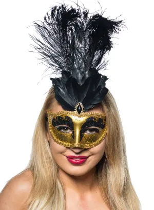 Elegant Tall Feather Masquerade Mask, Gold and Black