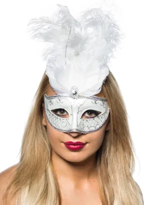 Elegant Tall Feather Masquerade Mask in White and Silver