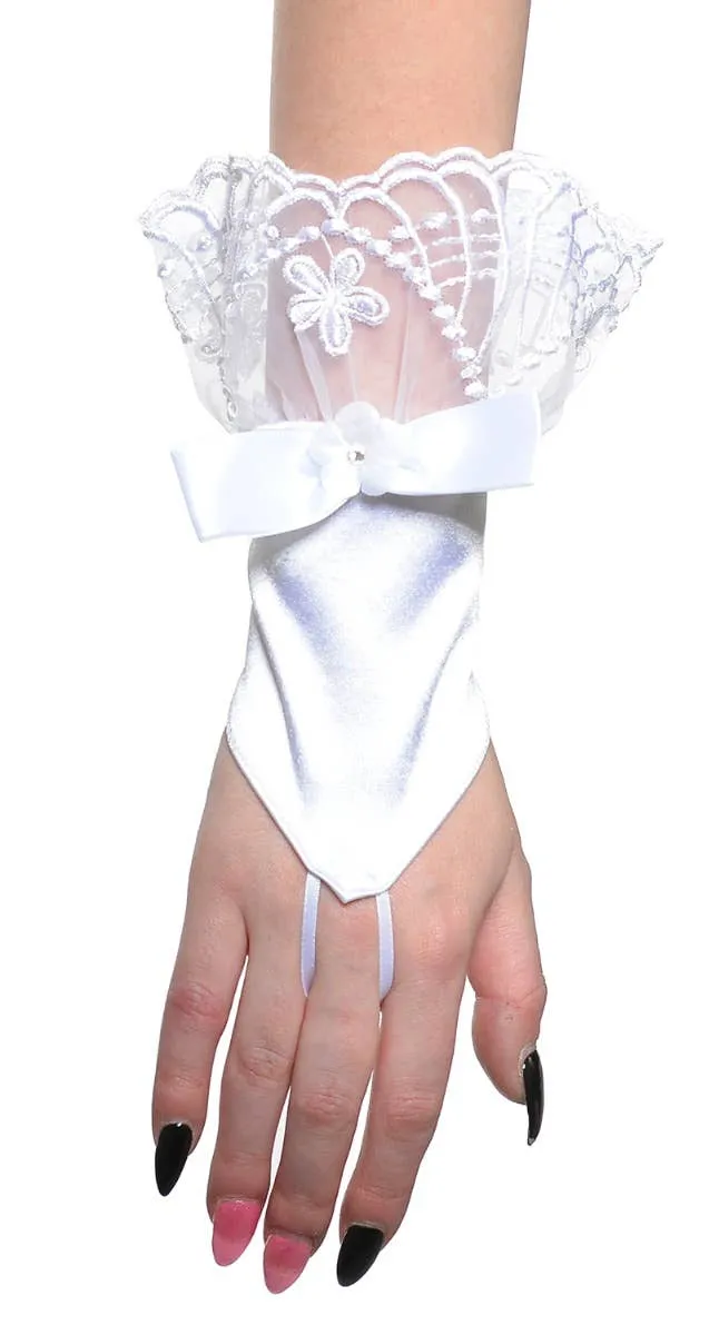 Elegant White Satin and Lace Fingerless Womens Costume Gloves