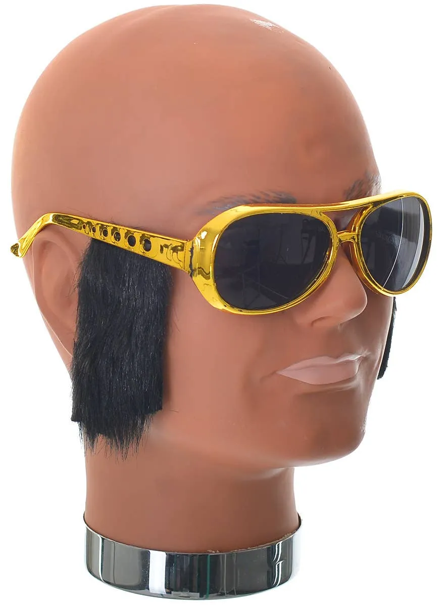 Elvis Style Gold Frame Costume Glasses with Sideburns