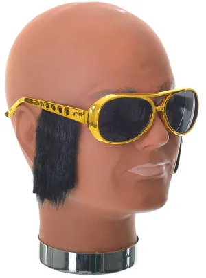 Elvis Style Gold Frame Costume Glasses with Sideburns