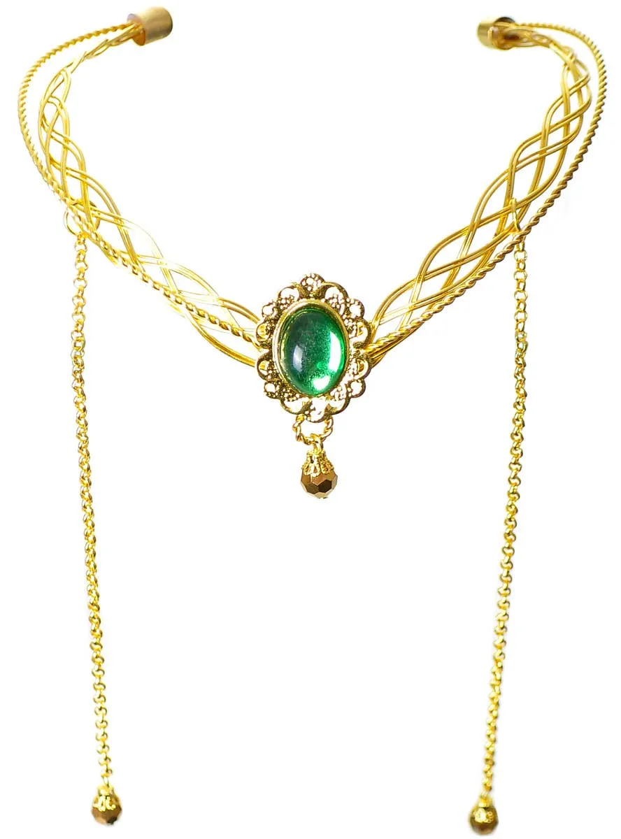 Elvish Gold Costume Headpiece with Green Gem and Chains