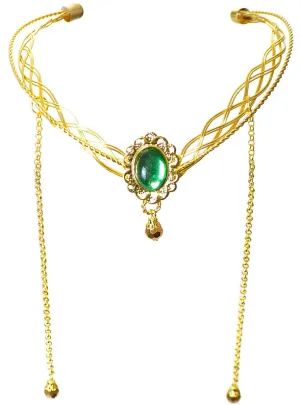 Elvish Gold Costume Headpiece with Green Gem and Chains